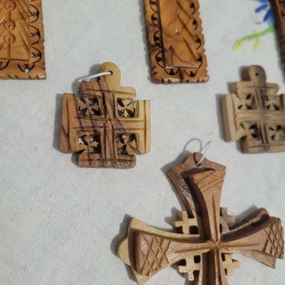 Lot of 8 Olive Wood Crosses pendants ornaments Jerusalem Bethlaham Holy Land